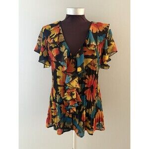 Vintage New York City Design Co Top Size L Brown Floral Ruffle Forest Fairy Fall